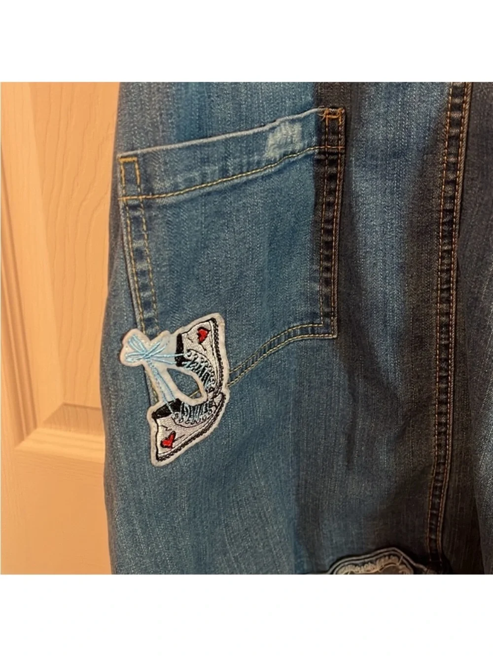 Girls Denim Overall Dress with Heart Patch - Blue
